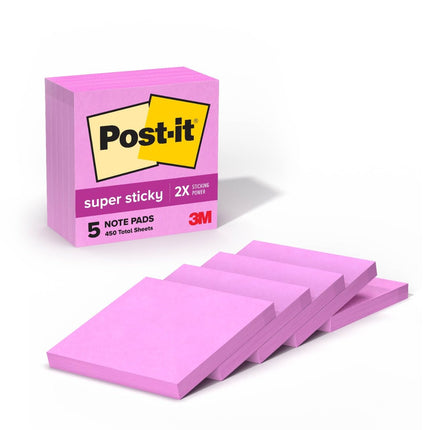 Super Sticky Notes, 3x3 in, 5 Pads, 2X The Stickin
