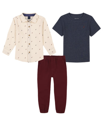 Nautica boys 3pc Woven Shirt/Tee/Woven Jogger Set,
