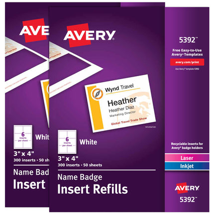 Avery Name Badge Inserts, 3" x 4", Print or Write,