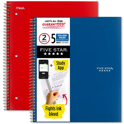 Five Star Spiral Notebooks + Study App, 2 Pack, 5