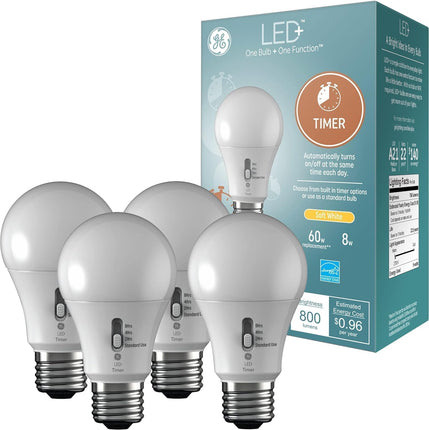 GE LED+ Timer A19 LED Light Bulbs, Built-in Automa