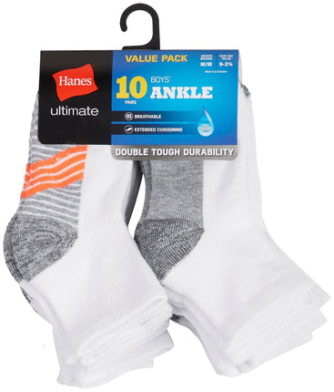 Hanes Ultimate Boys Ankle, 10-Pack White Medium