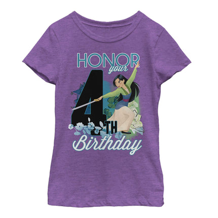 Disney Girl's Mulan Four Birthday T-Shirt, Pur Ber