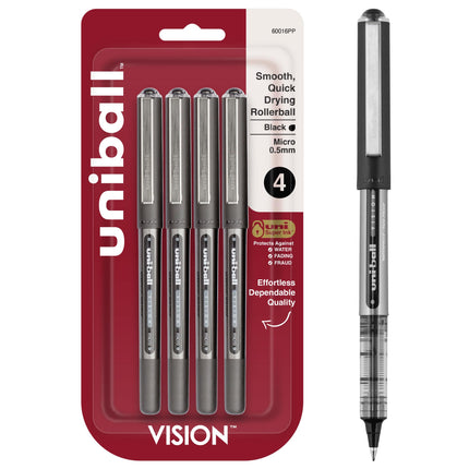 Uni-Ball Vision Rollerball Pens, Black, 4 Pack, 0.