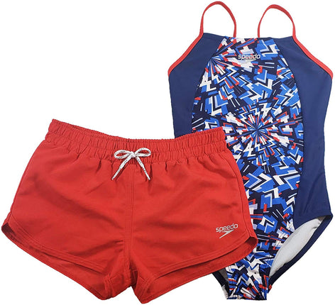 Speedo Girls Thin Strap One Piece Suit and Shorts
