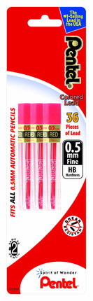 Pentel Refill Lead, 0.5mm, Fine, Red, 12 Pieces pe