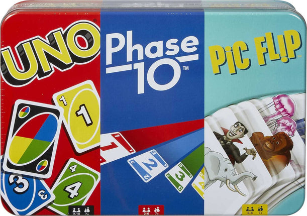 UNO, Phase 10 and Pic Flip Bundle Tin, 3 Mattel Ca