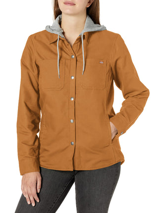 Dickies Women's Duck Hooded Shirt Jacket, Brown Du