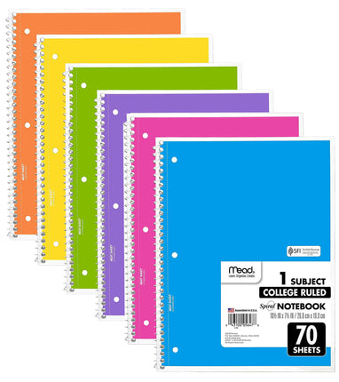 Mead Spiral Notebooks, 6 Pack, 1-Subject, College