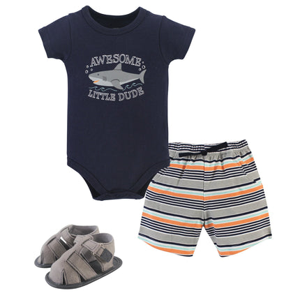 Hudson Baby Baby 3 Piece Bodysuit, Short, Shoe Set