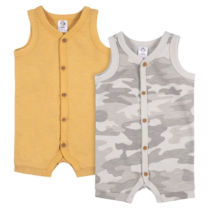 Gerber Baby Boys' 2 Pack Short Leg Romper, Grey/Ye