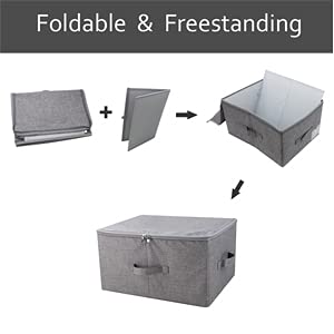 Folding Storage Box with Zipper Lid and Handles, Storage Basket with Linen Fabric, Closet Drawer Removable Dividers,Dark Gray, 2 pcs
