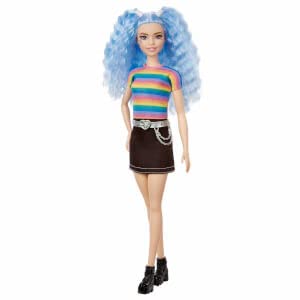 Barbie Fashionistas Doll #170 with Long Blue Crimped Hair, Star Face Makeup, Multi-colour Striped Tee, Denim Skirt, Black Boots & Silvery Chain Belt, Toy for Kids 3 to 8 Years Old, GRB61