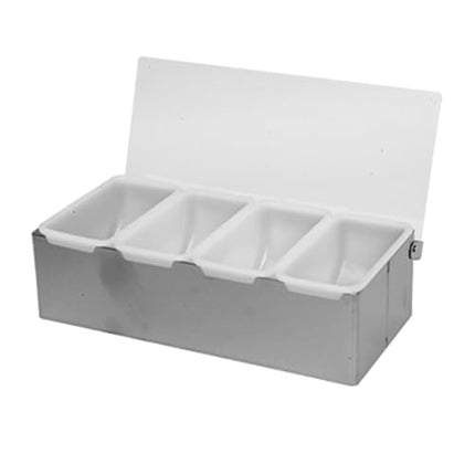 Pour44 SLCN004 Bar Condiment Dispenser, countertop Design, 4-Compartment, Acrylic hinged lid, Stainless Steel Base, 1 Each