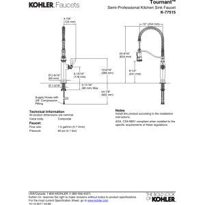 Grifo de cocina semi-profesional extraíble Kohler K-77515-cp Tournant, cromo pulido