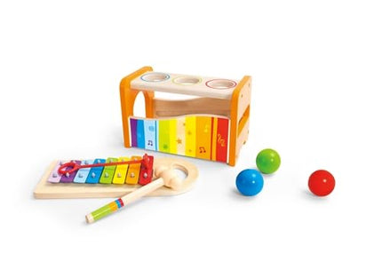 Hape Multifunctional Pound & Tap Bench with Slide-Out Xylophone | Durable Wooden Musical Pounding Toy for Toddlers 12 Months and Up
