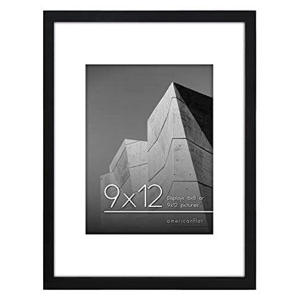 Americanflat 9x12 Picture Frame with Shatter-Resistant Glass - Use as 6x8 Frame with Mat or Display 9x12 Photo Without Mat - Streamline Collection - Picture Frames for Tabletop and Wall - Black