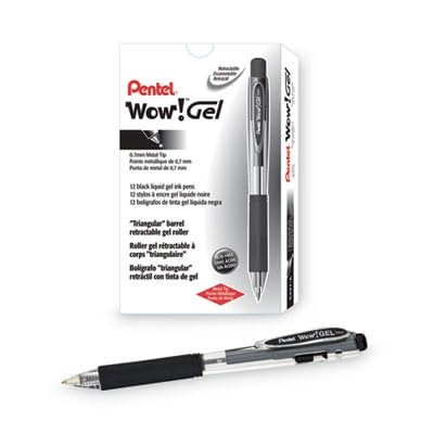 Pentel WOW! Bolígrafo de Gel Retráctil 0.7mm Línea Mediana Tinta Negra, Caja de 12 (K437-A)