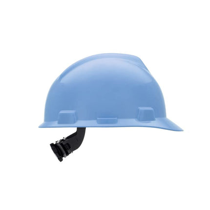 MSA 495853 V-Gard Cap Style Safety Hard Hat with Fas-Trac III Ratchet Suspension | Polyethylene Shell, Superior Impact Protection, Self Adjusting Crown Straps - Standard Size in Robin's Egg Blue