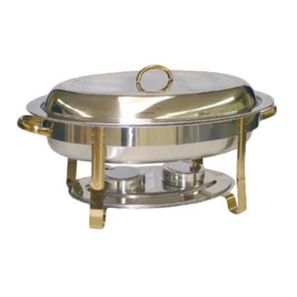 FSE SLRCF0836GH Chafer, 6 Quart, Oval, Lift-Off Cover, Dual Fuel Holder Slots, Gold Accents, Stainless Steel