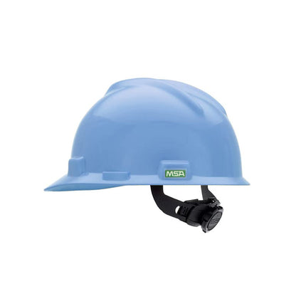 MSA 495853 V-Gard Cap Style Safety Hard Hat with Fas-Trac III Ratchet Suspension | Polyethylene Shell, Superior Impact Protection, Self Adjusting Crown Straps - Standard Size in Robin's Egg Blue