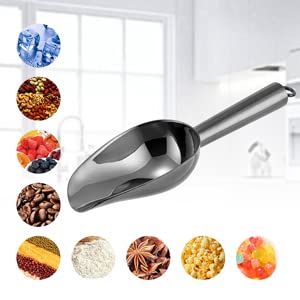6 Ounce Ice Scoop Set of 2, E-far Platinum Black Stainless Steel Small Scoops for Ice Cube/Candy/Flour/Sugar, Metal Utility Scoops for Canisters, Baking, Kitchen Pantry, Rust Free