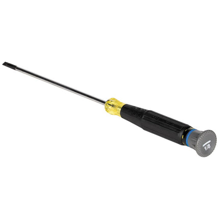 Klein Tools 6254 Destornillador de precisión mini, de pala de 1/8'', con mango acojinado, tapa giratoria, anillo codificado por color, vástago de 4''