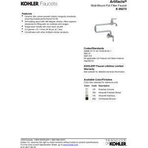 KOHLER K-99270-SN Artifacts Single-Hole Wall-Mount Pot Filler Kitchen Sink Faucet with 22-Inch Extended Spout, Vibrant Polished Nickel