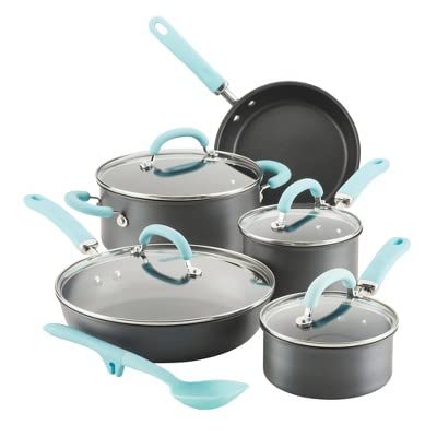 Batterie de cuisine antiadhésive Rachael Ray Create Delicious en aluminium anodisé dur, 10 pièces - Grise avec poignées bleu clair