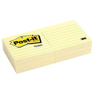 Post-it Notes Canary Yellow, Lined - 6 Pads 76 mm x 76 mm, 100 Sheets per Pad - Extra Sticky Notes for Walls, Monitors and Fridge