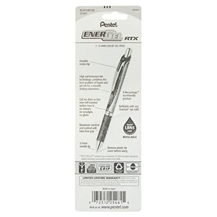 Bolígrafo de Tinta Gel Retráctil Pentel EnerGel RTX, (0.5 mm), Punta de Aguja, Punto Fino, Verde, Paquete de 2 (BLN75BP2D)