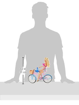 Muñeca Barbie y set de juego de bicicleta con muñeca (29 cm, rubia), bicicleta con ruedas giratorias y accesorio de botella de agua, regalo para niños de 3 a 7 años, azul, rosa, blanco