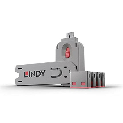 Lindy USB Type A Port Blocker Lock Range (4 Blockers + Key, Pink)