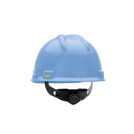 MSA 495853 V-Gard Cap Style Safety Hard Hat with Fas-Trac III Ratchet Suspension | Polyethylene Shell, Superior Impact Protection, Self Adjusting Crown Straps - Standard Size in Robin's Egg Blue
