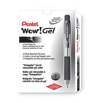 Pentel WOW! Bolígrafo de Gel Retráctil 0.7mm Línea Mediana Tinta Negra, Caja de 12 (K437-A)