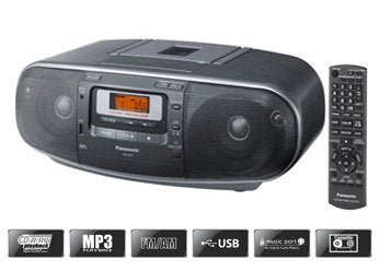 Radiocasetera Panasonic RX-D55GC-K - Estéreo portátil de alta potencia AM/FM, CD MP3, radiograbadora con USB y puerto de música de sonido con 4 altavoces de 2 vías (Negro)