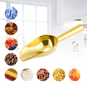6 Ounce Ice Scoop Set of 2, E-far Gold Stainless Steel Small Scoops for Ice Cube/Candy/Flour/Sugar, Metal Utility Scoops for Canisters, Baking, Kitchen Pantry, Rust Free & Dishwasher Safe