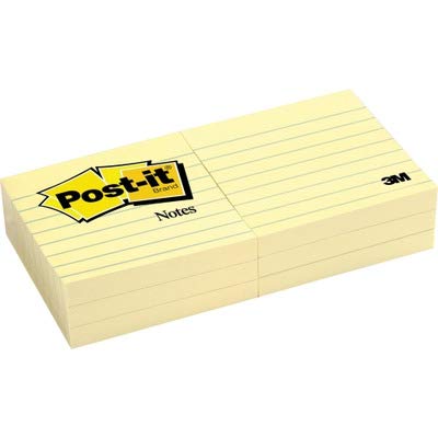 Post-it Notes, 3 in x 3 in, Canary Yellow, Lined, 12 Pads/Pack Yellow 100sheets Self-adhesive Pouch