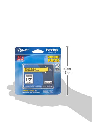 Brother Genuine P-Touch, TZe-6312Pk Tape ½” (12mm) 2-Pack Laminated P-Touch Tape, Black On Yellow Perfect for Indoor Or Outdoor Use, Water Resistant, 26.2 Ft. (8M)