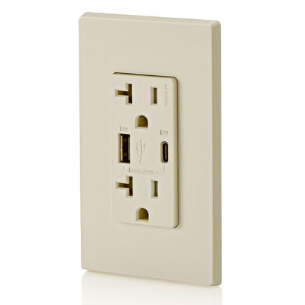 60W (20V@2.5A+ 5V@2A) USB Dual Type A/Type-C Power Delivery in-Wall Charger with 20A Tamper-Resistant Outlet, USB Charger for Smartphones, Tablets, Laptops, Light Almond