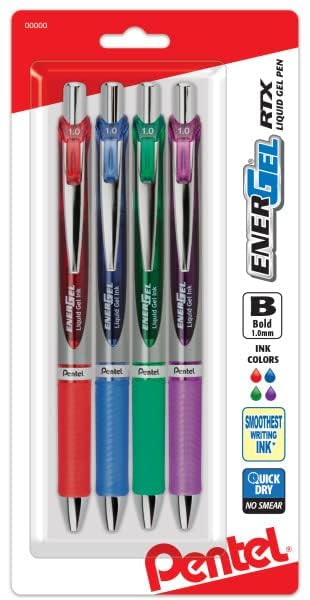 Bolígrafo de gel líquido retráctil Pentel EnerGel RTX, punta metálica (1,0 mm), trazo grueso, colores de tinta surtidos (rojo, azul, verde, violeta)