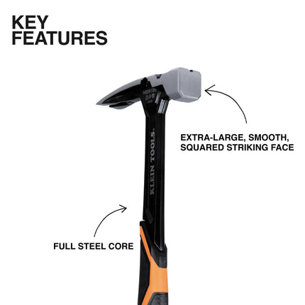 Klein Tools H80918S Smooth Face Framing Hammer with Straight Claw, 18-Ounce Forged Steel, Magnetic Nail Starter and Extra-Large Squared Strike Face