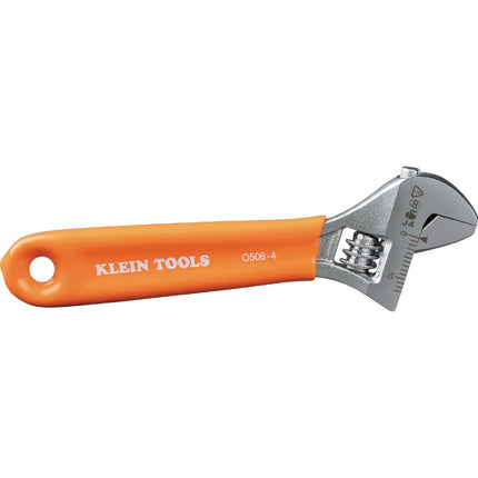 KLEIN TOOLS O5064 Adjustable Wrench, Extra-Capacity Jaw, Forged Heat-Treated Alloy Steel, SAE, Metric Scales, Plastic-Dipped Handle, 4-Inch