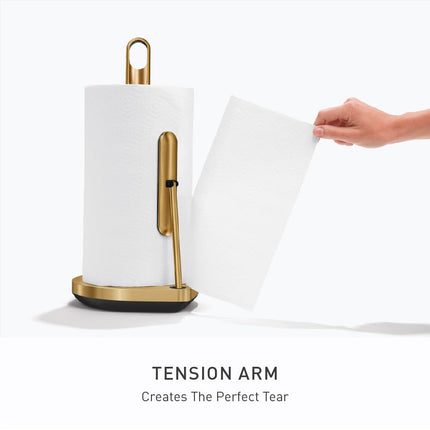 simplehuman Tension Arm Standing Paper Towel Holder, Heavy-Duty, Easy One-Handed Tear, Countertop Kitchen Paper Towel Dispenser, Brass Stainless Steel