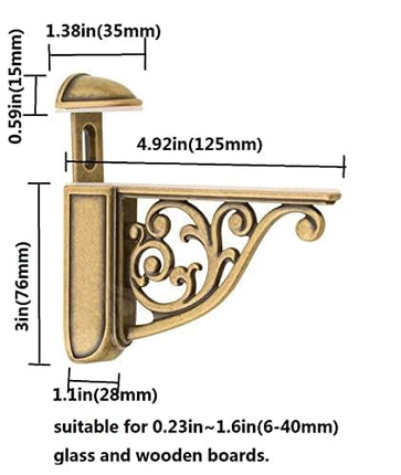 Glass Shelf Brackets 5 Inch 2PCS Heavy Duty Antique Brass Wall Bracket Baroque Kitchen Decorative Rack Shelves, Adjustable Shelf Brackets. (2,Antique Brass)