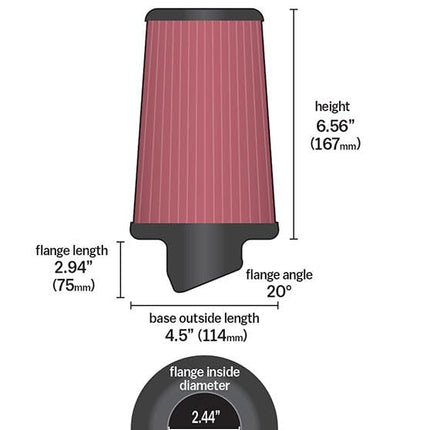 K&N Universal X-Stream Clamp-On Air Filter: High Performance, Premium, Replacement Filter: Flange Diameter: 2.4375 In, Filter Height: 6.5625 In, Flange Length: 2.9375 In, Shape: Round, RX-3800