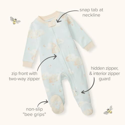 Burt's Bees Baby - Mameluco de una pieza de algodón orgánico para bebé, con cierre frontal, pijama con pies, diseño de nubes a la luz de la luna, 6-9 meses