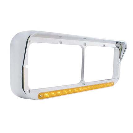 Embellecedor de faro doble rectangular de 14 LED cromado United Pacific 32351 con visera, cromado, plástico moldeado por inyección, barra de luz LED preinstalada – LED ámbar/lente ámbar – UN embellecedor