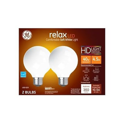 GE Lighting 31541 Frosted Finish Light Bulb Relax HD Dimmable LED G25 Decorative Globe 4.5 (40-Watt Replacement), 350-Lumen Medium Base, 2-Pack, White, 2