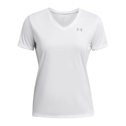 Under Armour Women's Velocity Solid Short Sleeve V Neck T Shirt, (100) White / / Metallic Silver, XS